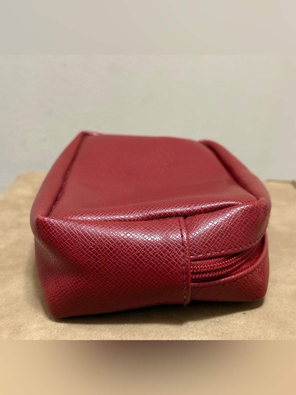 Red Textured Leather Cosmetic Pouch